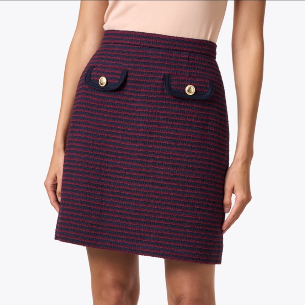 LK Bennett Paloma Navy Blue and Burgundy Red Striped Tweed A-Line Skirt Size 10